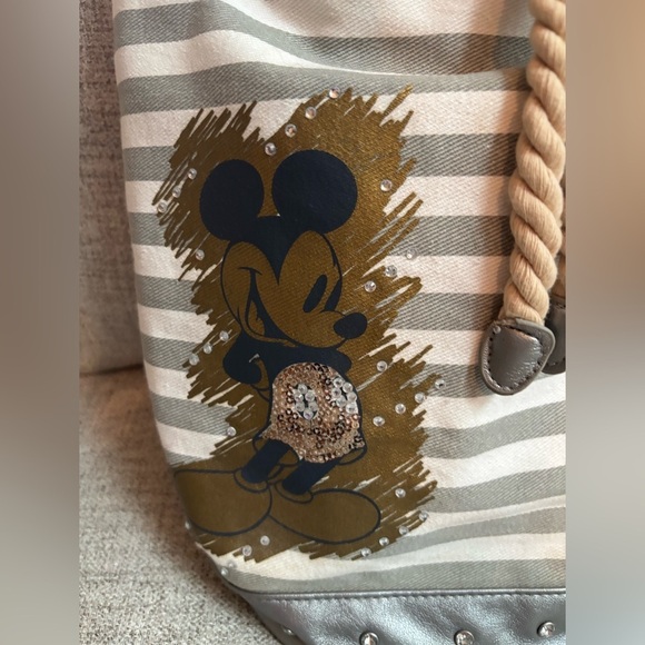 DISNEY MICKEY MOUSE CANVAS SILVER & CREAM RHINESTONE ROPED STRAP TOTE BUCKET BAG - Picture 3 of 13